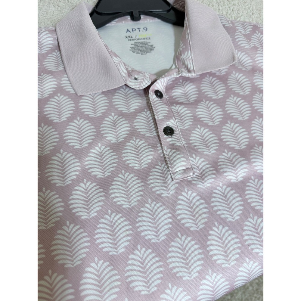 Apt 9 Premier Flex Performance Polo Shirt Mens XXL Pink/Mauve Leaf Print Top